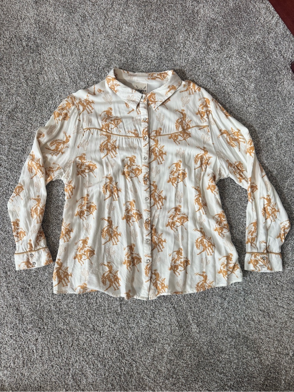 Button-Down Cream Blouse with Mustard Equestrian Print